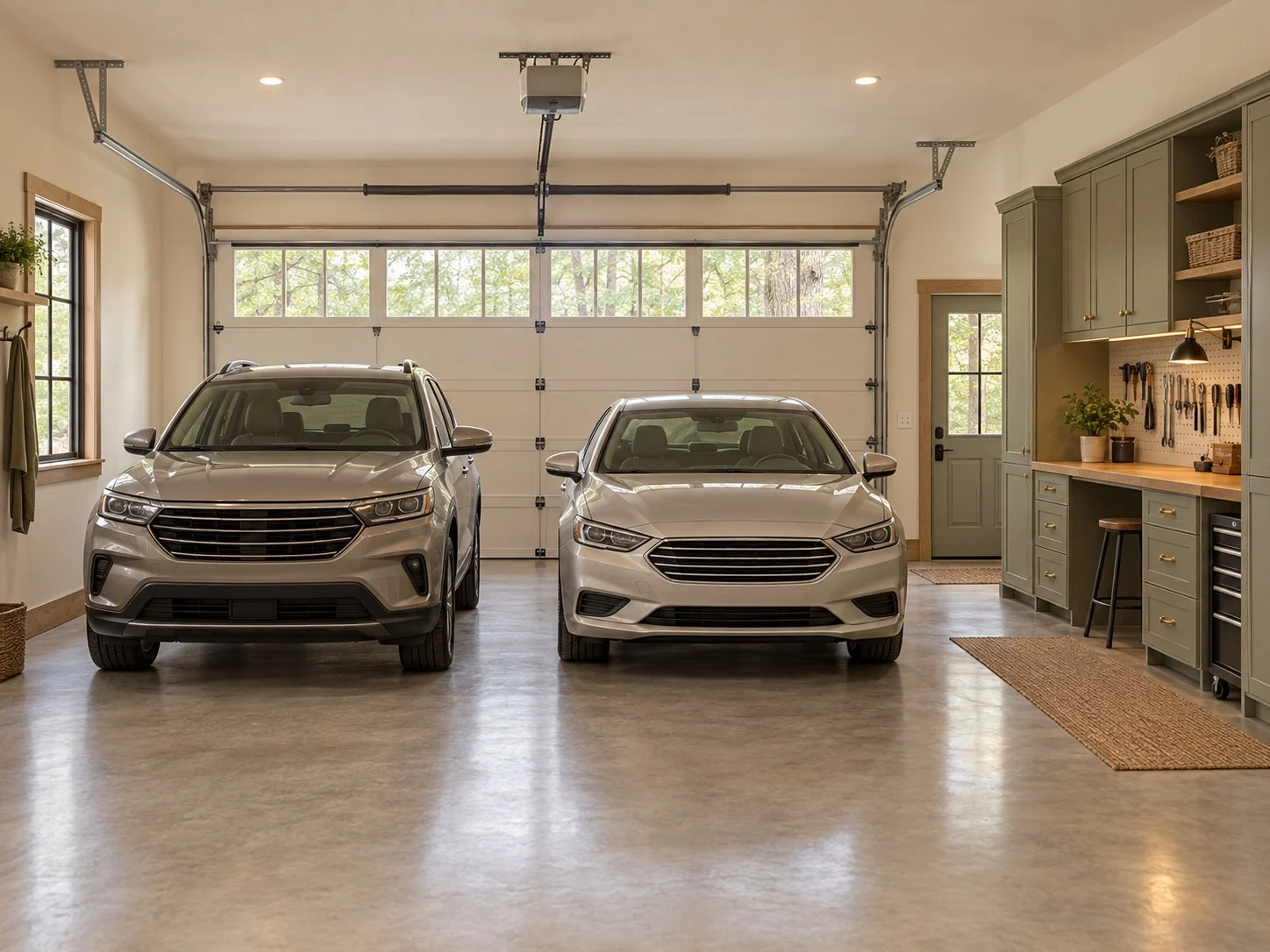 Two-car garage; breezeway concept, standard illustrative interior; Illustrative garage interior, not a handed-plan reference. Door configuration, layout and finishes may differ; the entry-side arrangement in this image may not match the selected plan.